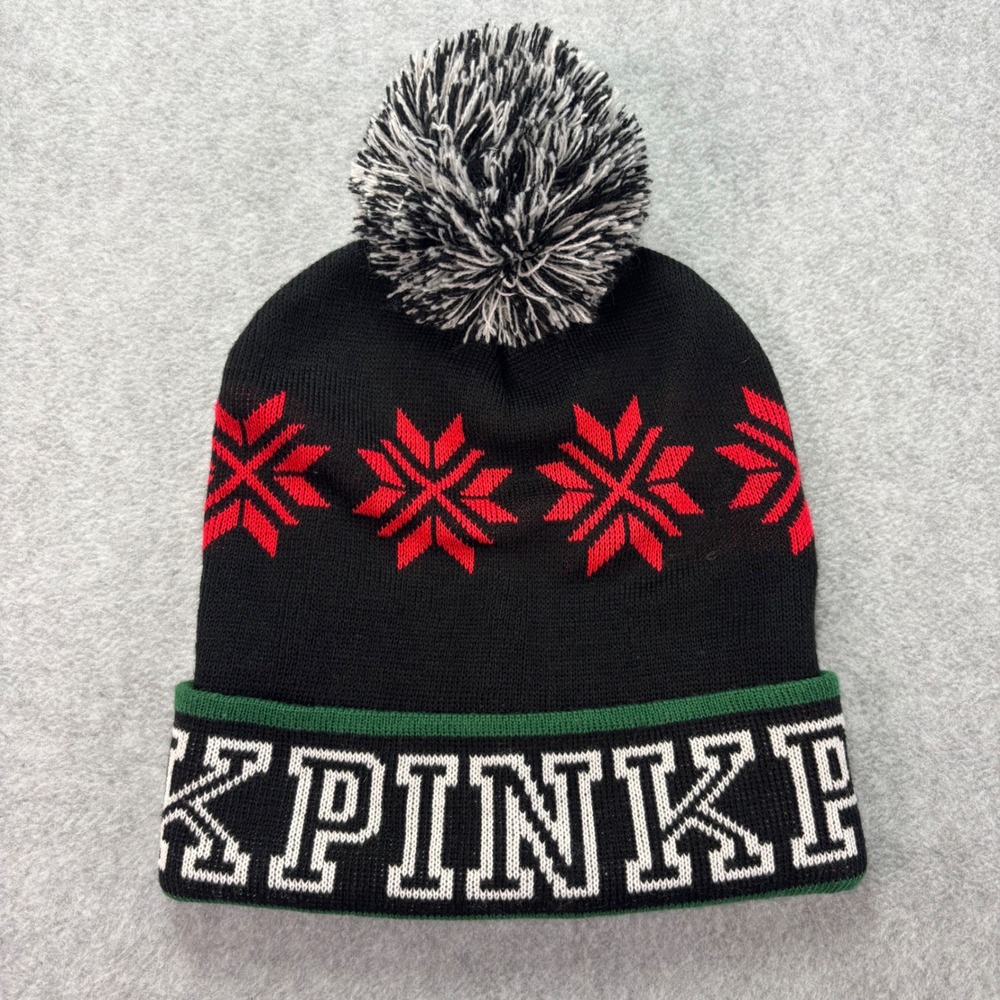Victoria's Secret PINK Beanie Womens OS Black Fair Isle Snowflake‎ Pom Pom Hat
